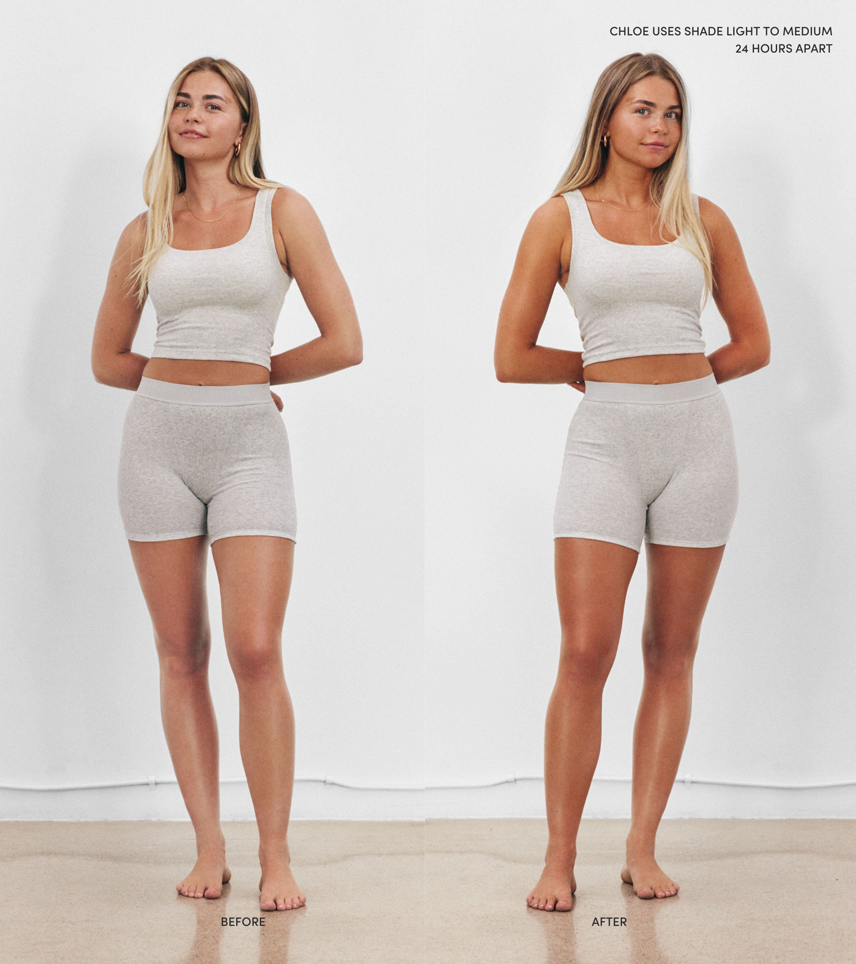 A young woman stands barefoot in front of a white wall, shown in side-by-side photos labeled Before and After. She wears a light gray tank top and shorts, displaying a natural-looking, full body tan from Tanning Foam in the After shot.