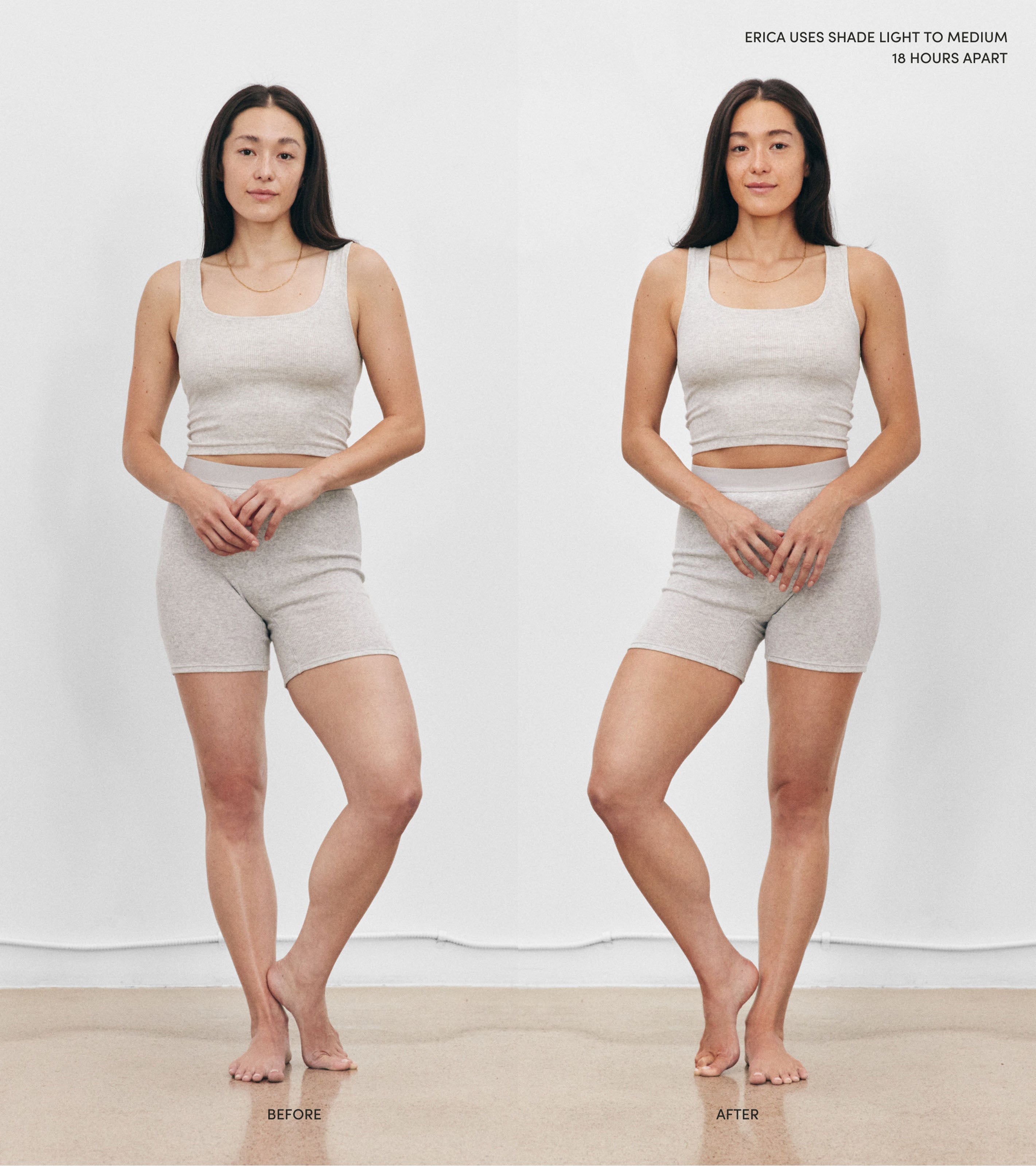 A woman wears matching light gray shorts and a tank top in side-by-side “Before” and “After” photos. Text reads: ERICA USES TANNING FOAM 18 HOURS APART for her full-body tan, highlighting her easy body care routine.
