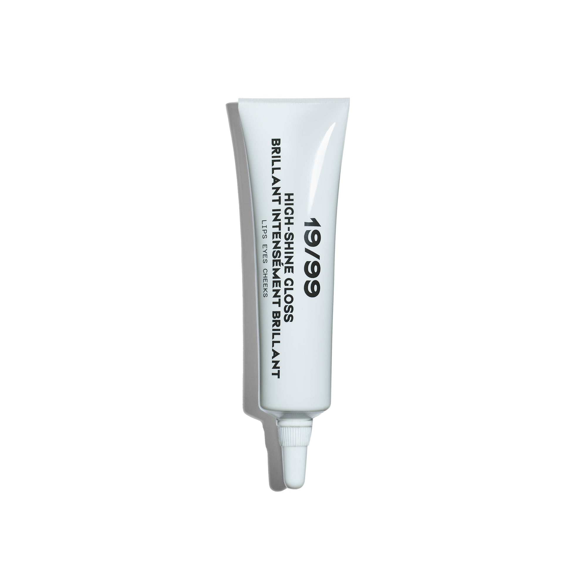 A white tube labeled 19/99 – High Shine Gloss with black text and a pointed applicator cap is displayed against a plain white background.
