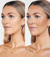 Side-by-side photos of a woman with straight, blonde hair show her face before and after makeup; the after side looks more bronzed and glowy using the Sun-Kissed Gift Set, both labeled accordingly.