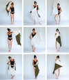 A woman in a black tank top and shorts shows how to wrap The Summer Towel around her body in nine steps, from holding it to draping it over her shoulders.