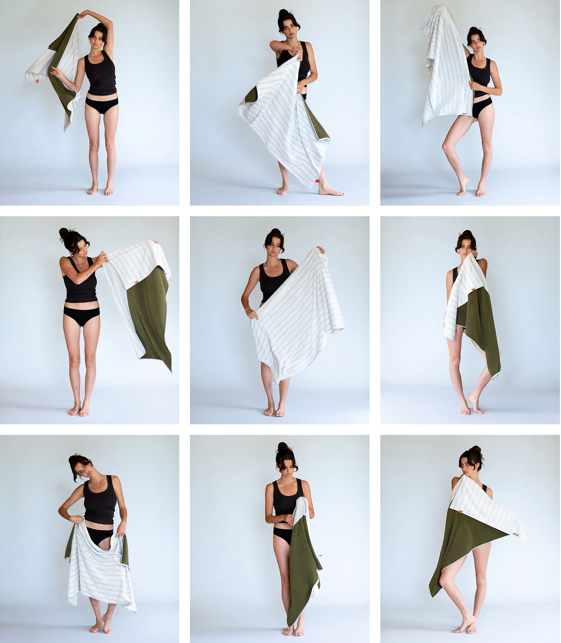 A woman in a black tank top and shorts shows how to wrap The Summer Towel around her body in nine steps, from holding it to draping it over her shoulders.