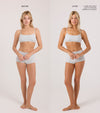 Side-by-side photos show Claire in grey underwear: on the left with a lighter skin tone (before), on the right flawless and tanned (after). Text reveals she uses The Complete Face & Body Set in Light to Medium, wearing no makeup.