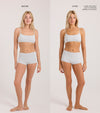 Side-by-side comparison of a woman in gray underwear labeled Before and After. In the After image, her skin tone appears darker and more even after using The Body Set for a sun-kissed tan. Text notes she is wearing no makeup.