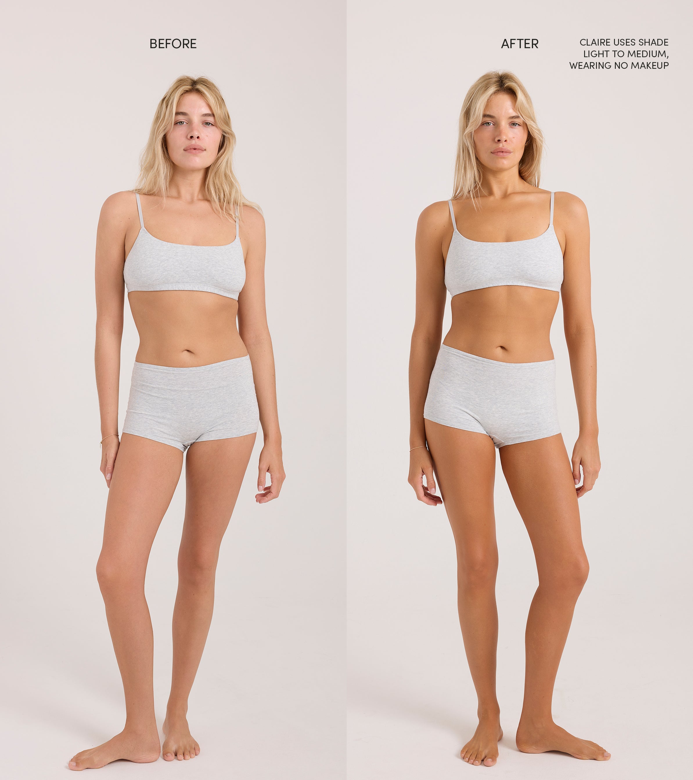 Side-by-side comparison of a woman in gray underwear labeled Before and After. In the After image, her skin tone appears darker and more even after using The Body Set for a sun-kissed tan. Text notes she is wearing no makeup.