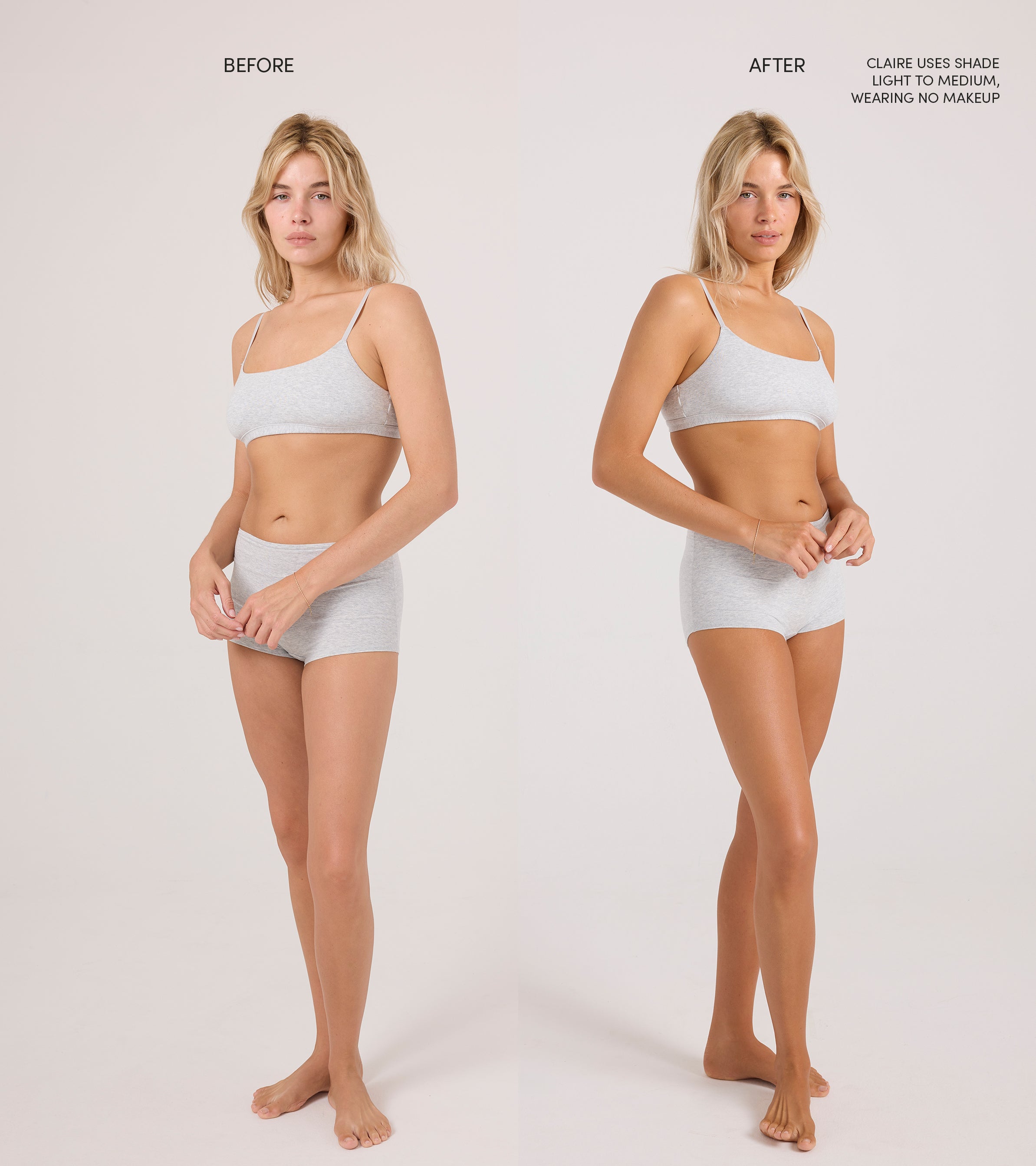 Side-by-side photos of a woman in gray underwear, labeled Before and After. In the After, she has a natural-looking full body tan from Tanning Foam, shade light to medium. No makeup needed due to its easy water-to-foam body care formula.