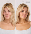Side-by-side before and after photos show a blonde woman with noticeably smoother, more radiant skin and a sun-kissed tan from Tanning Water. The text highlights her makeup-free look.