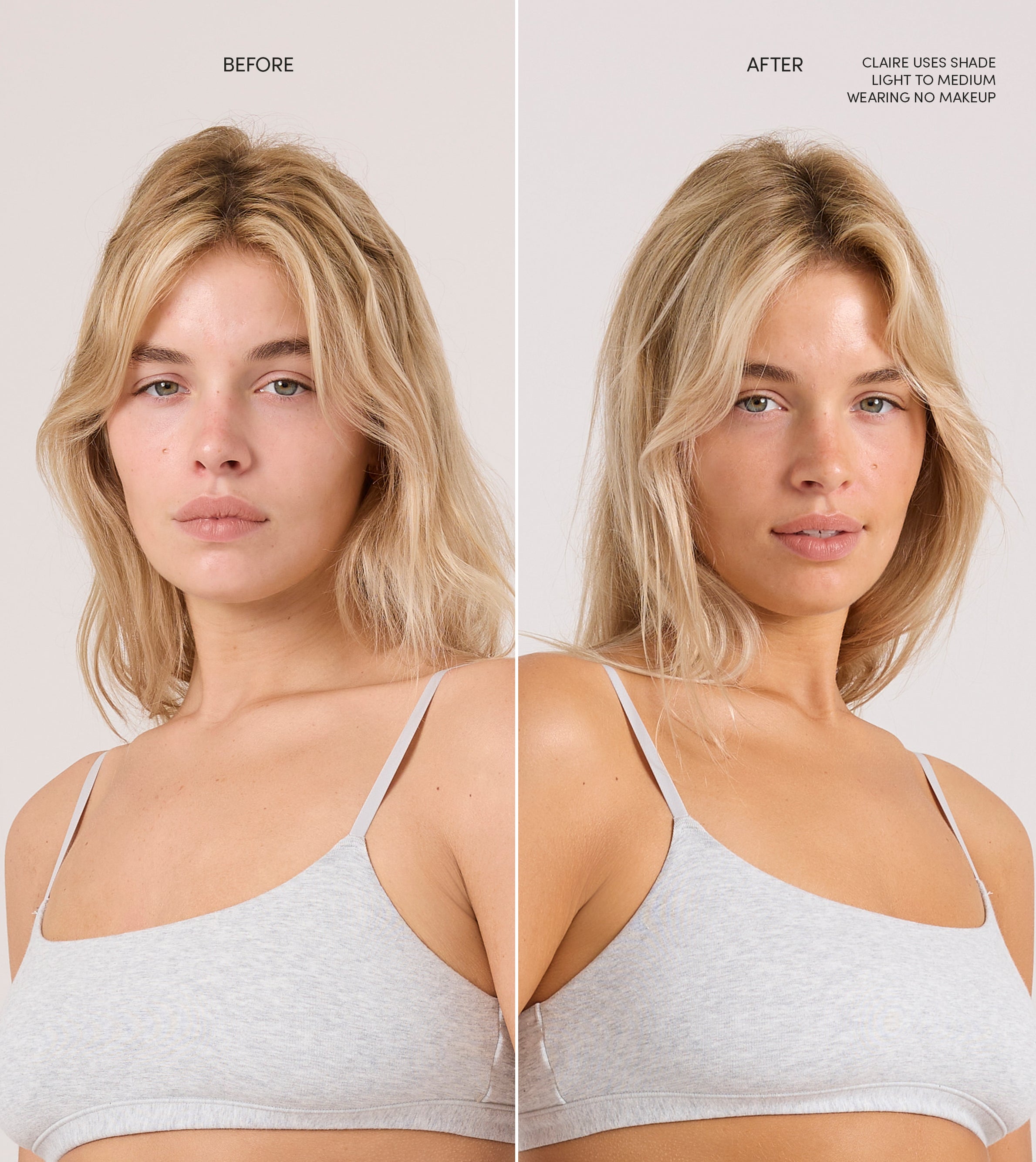 Side-by-side comparison of a woman with blonde hair in a light gray bra: “Before” shows her natural skin, while “After” displays a warmer, even skin tone achieved using The Face Set.