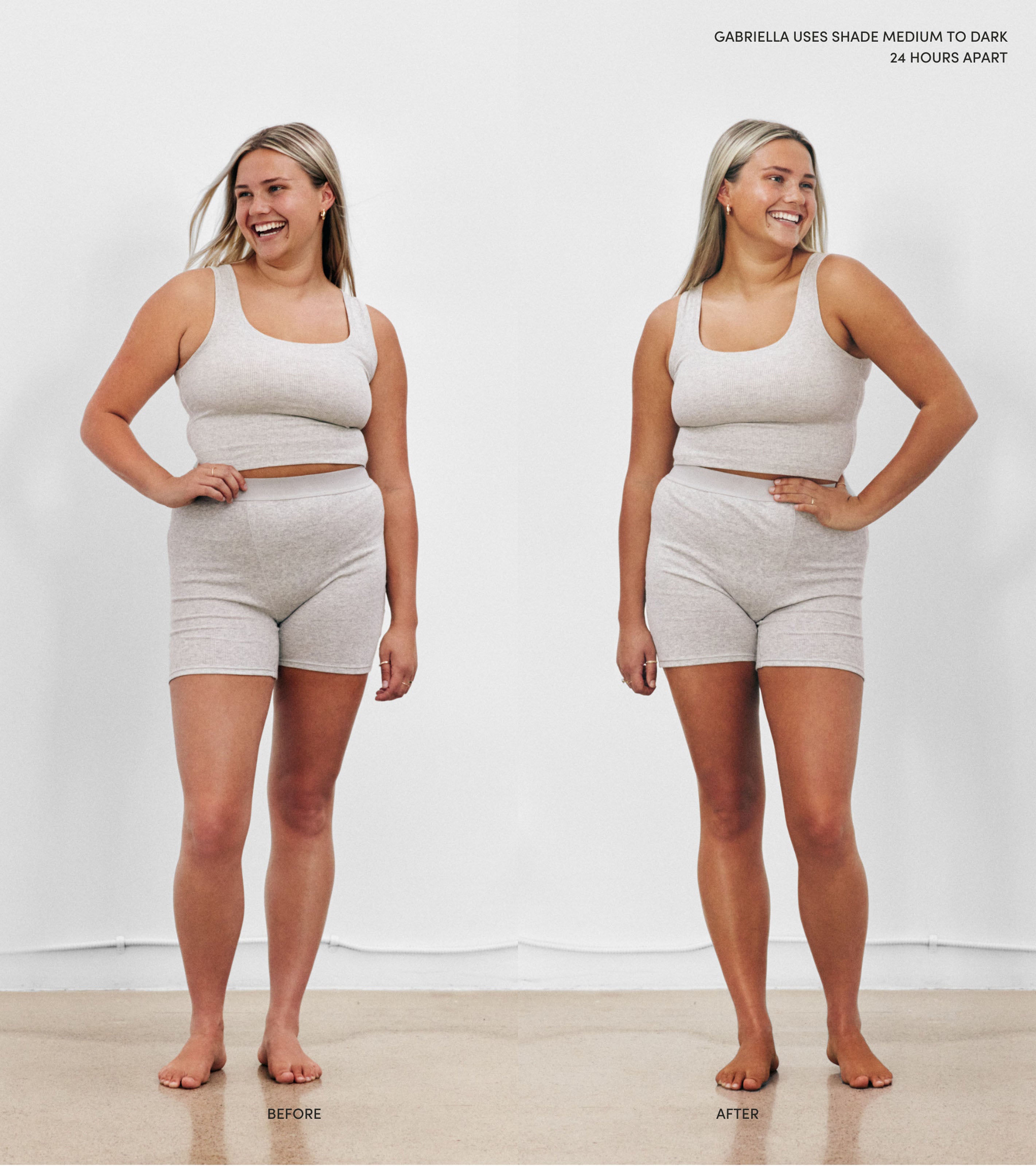 Side by side comparison of a model before using Saltyface Tanning Water  and Foam and after 24 hours with a more tanned complexion.