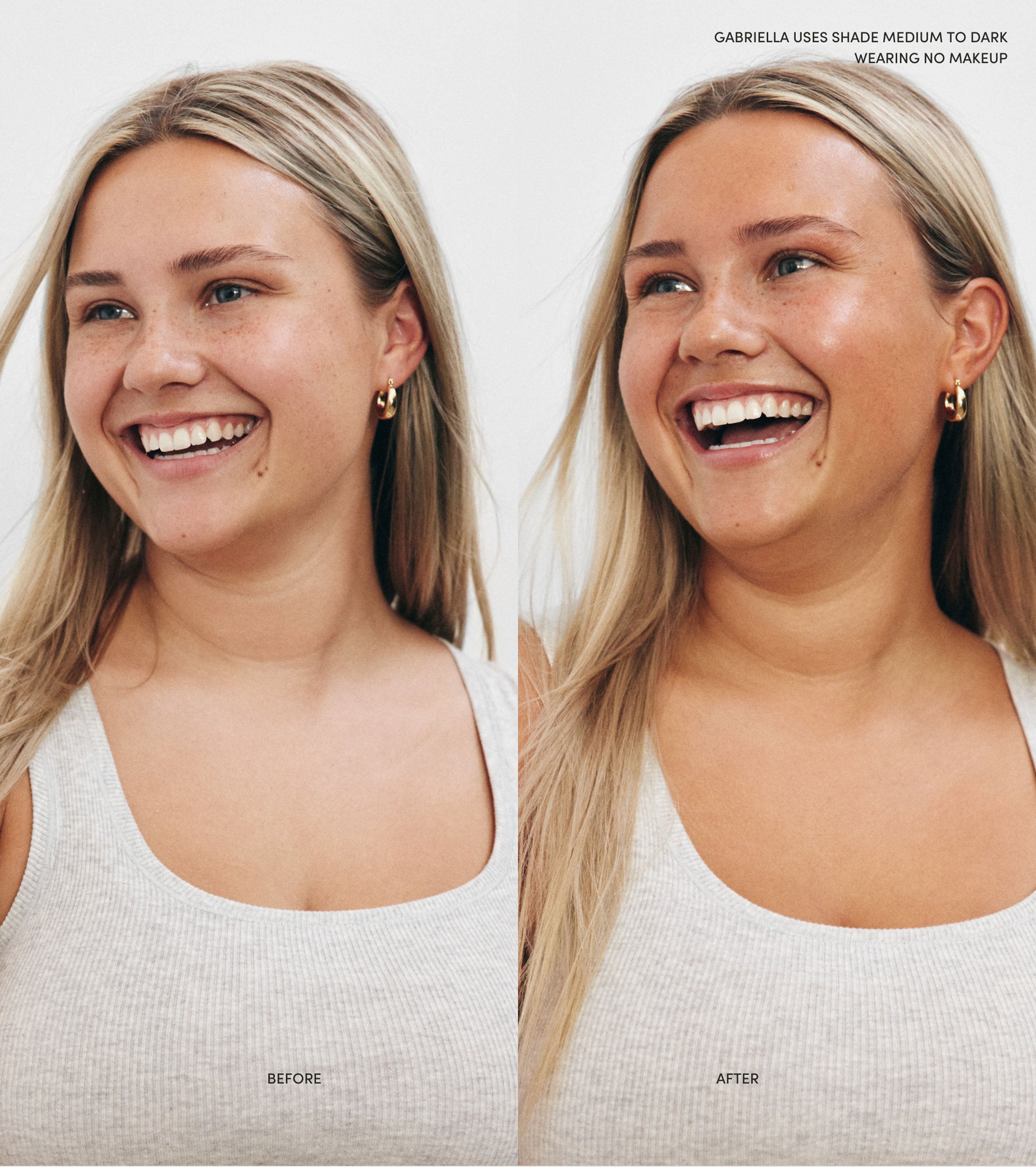 Side by side comparison of a model before using Saltyface Tanning Water and after with a more tanned complexion. 