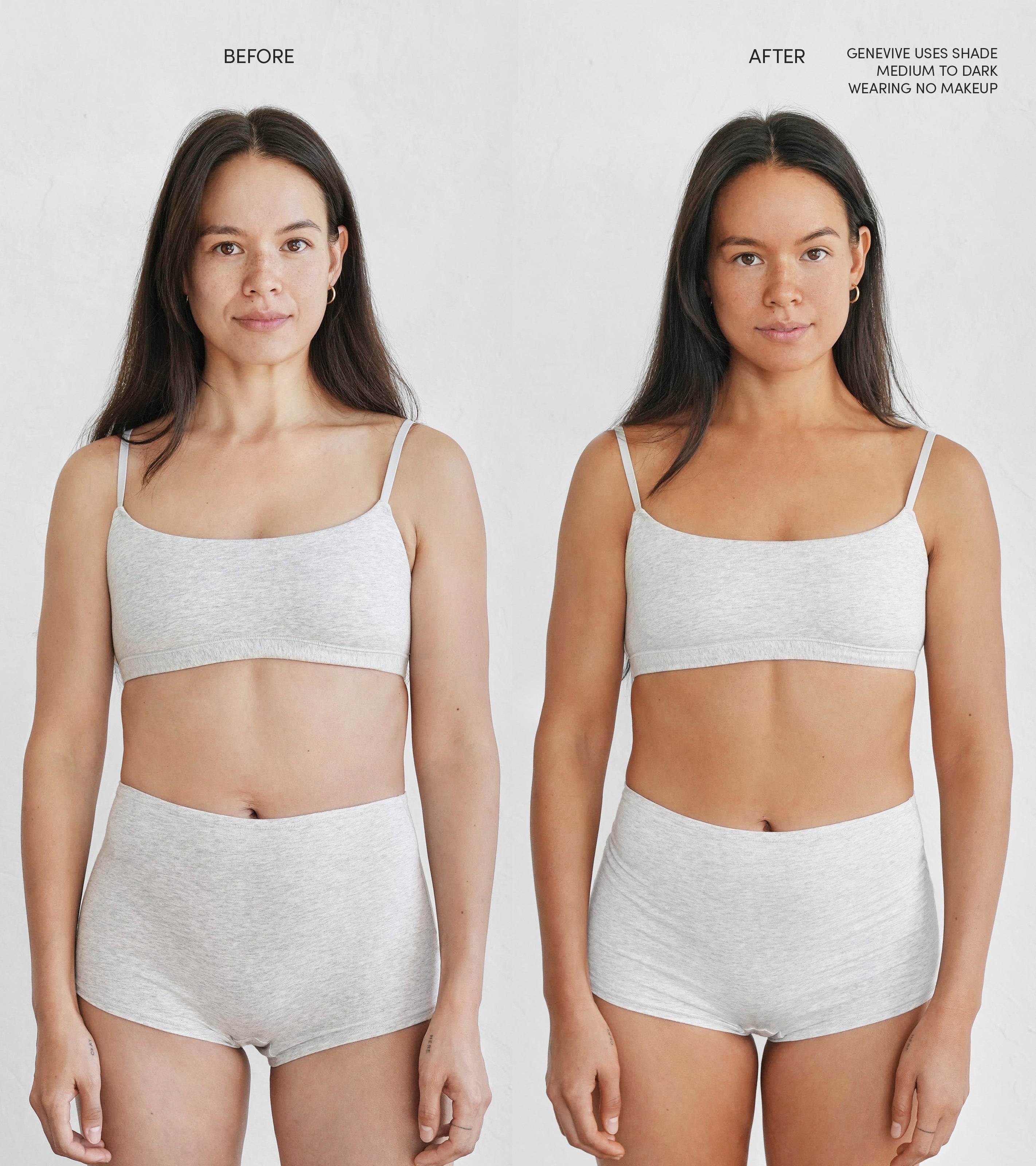 Side-by-side images of a woman in gray underwear. The left, labeled Before, and the right, after using The Holiday Essential Set for a natural tan. She appears similar but with a more even, sun-kissed glow on the right.