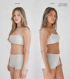 Side-by-side images show a woman in grey underwear against a light background, labeled Before and After using The Holiday Essential Set for an even tan. She wears the Light to Medium shade and has no makeup on.