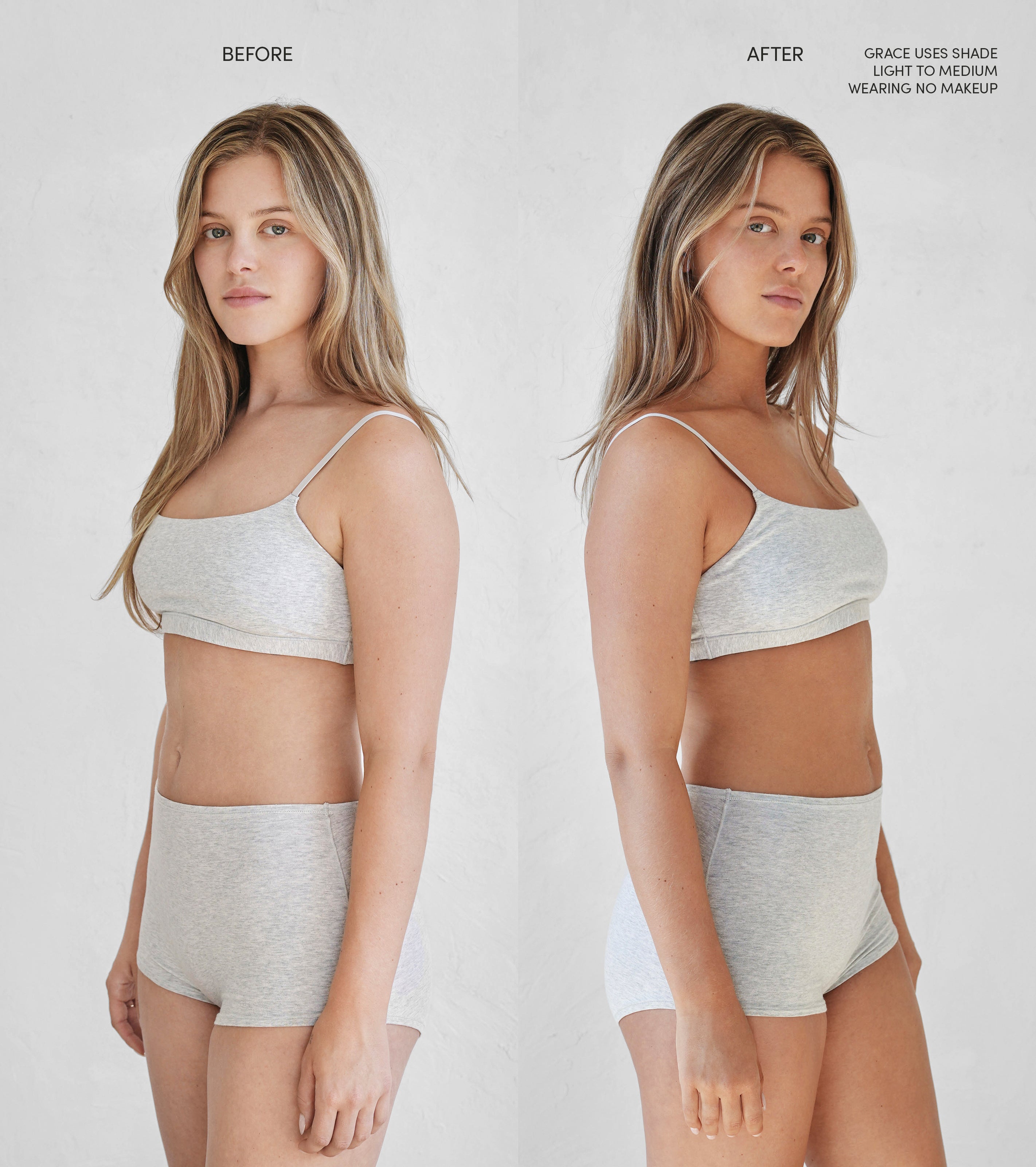 Side-by-side images show a woman in grey underwear against a light background, labeled Before and After using The Holiday Essential Set for an even tan. She wears the Light to Medium shade and has no makeup on.
