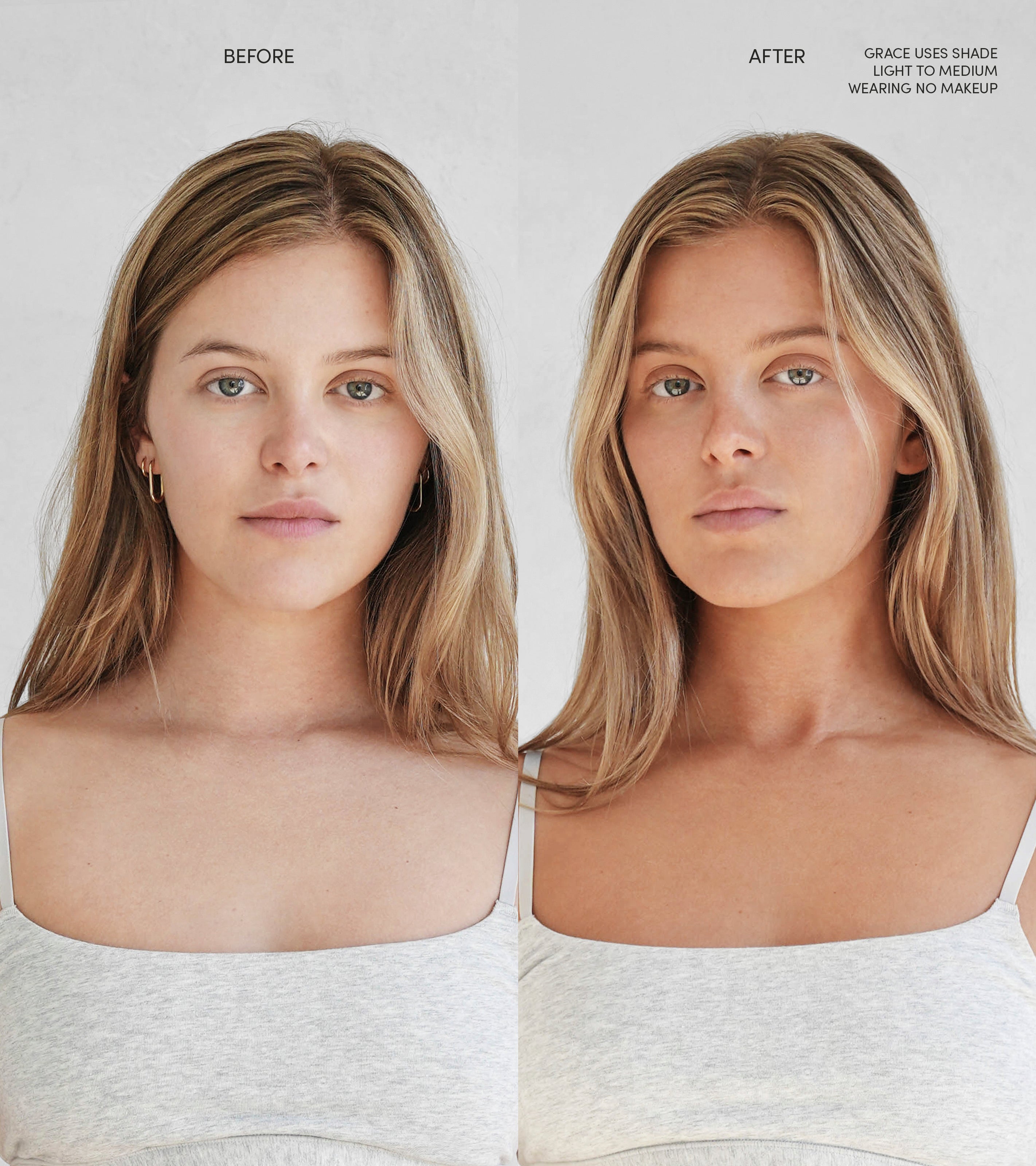 Side-by-side comparison of a woman before and after using The Holiday Face Set; on the left, her skin is fair, on the right, it’s radiant and even-toned. Text labels highlight each version—ideal for displaying results in a holiday gift set.