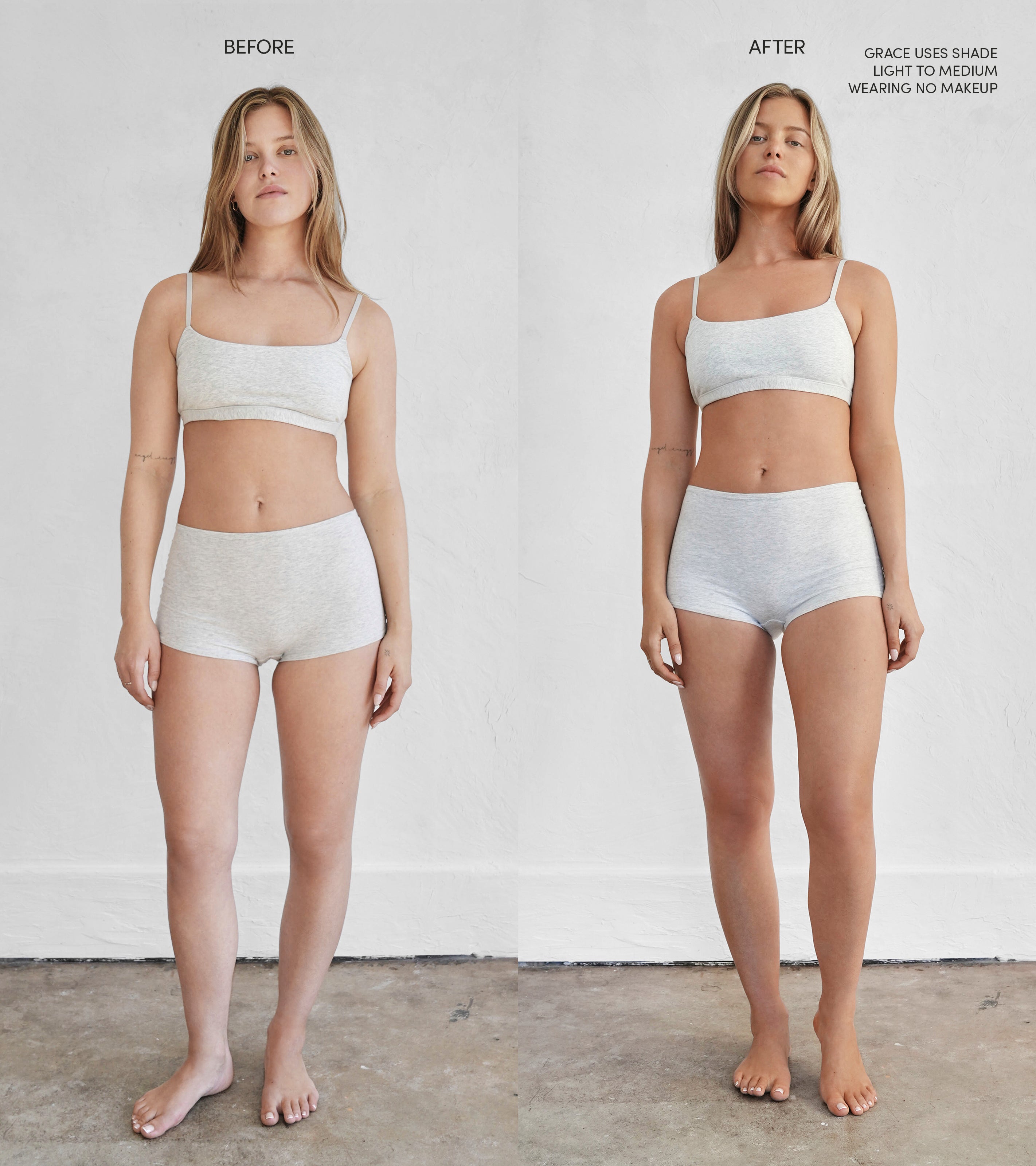 Two side-by-side images show a woman in a light gray crop top and shorts. “Before” depicts her natural skin tone; “After” shows her with a deeper, sun-kissed glow from The Holiday Essential Set—an effortless tan without any makeup applied.