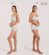 Side-by-side photos show a woman in grey underwear: "Before" (left) and "After" (right), with more even-toned skin. She achieved this look using Tanning Foam in Light to Medium, a water-to-foam formula for a natural full body tan.