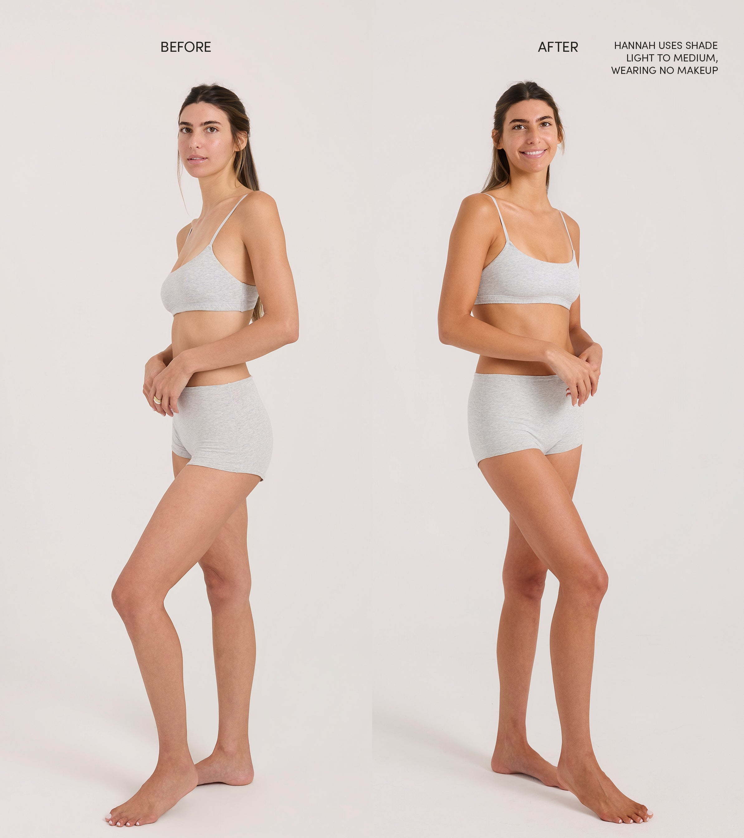 Side-by-side photos show a woman in grey underwear: "Before" (left) and "After" (right), with more even-toned skin. She achieved this look using Tanning Foam in Light to Medium, a water-to-foam formula for a natural full body tan.