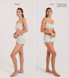 Side-by-side comparison of a woman in gray underwear, labeled Before on the left and After on the right. The right side shows her skin with a warmer, tanned tone achieved using The Essential Face & Body Set. She is smiling in both images.