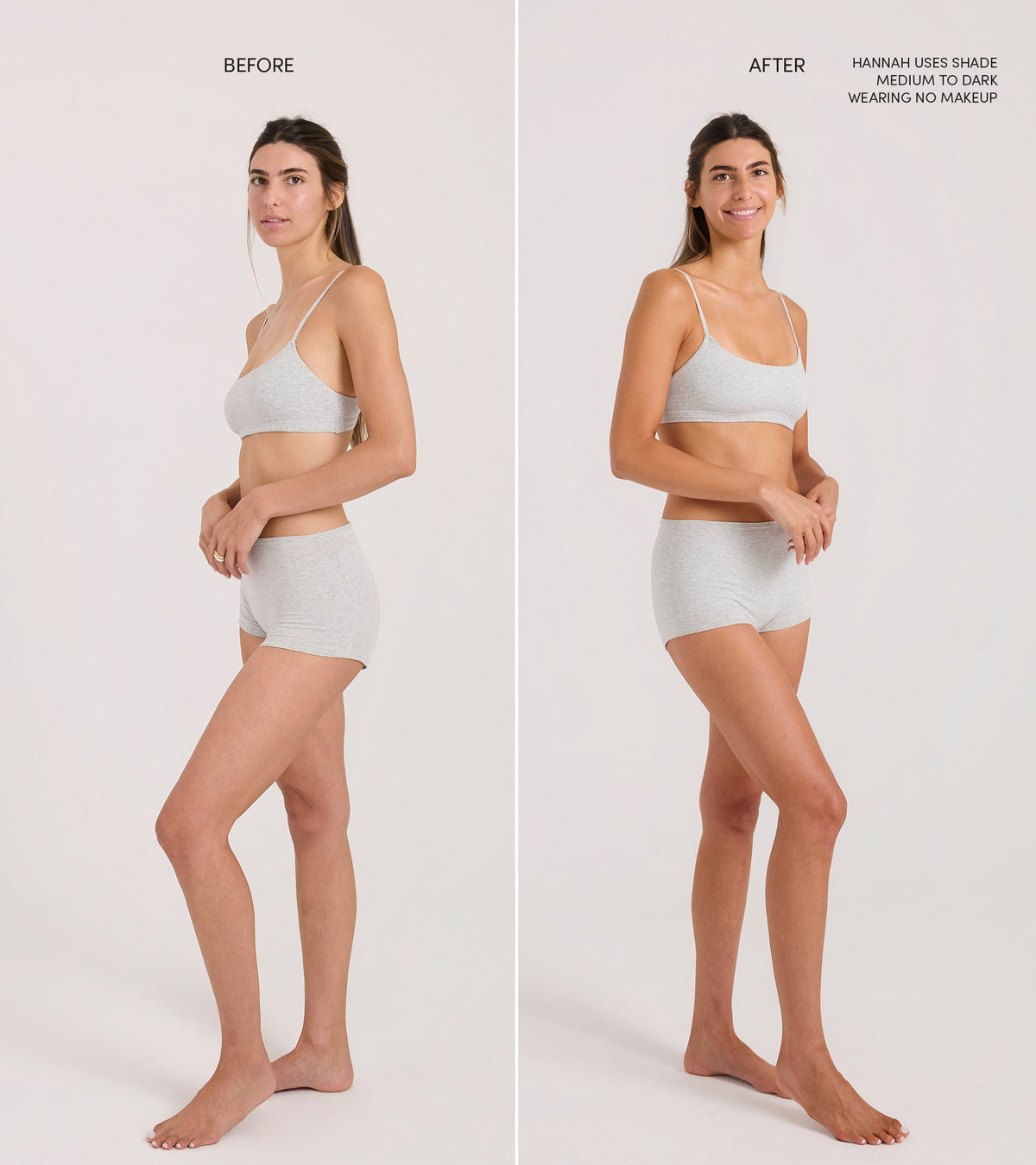 Side-by-side comparison of a woman in gray underwear, labeled Before on the left and After on the right. The right side shows her skin with a warmer, tanned tone achieved using The Essential Face & Body Set. She is smiling in both images.