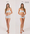 Side-by-side images of a woman in gray underwear, labeled Before and After. In the After image, her skin appears noticeably tanner, thanks to Tanning Foam as part of her body care routine. She is smiling and standing in a similar pose in both images.