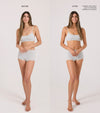 Side-by-side images of a woman in gray underwear. Left: Before, with a natural look. Right: After, her skin tone is more even and sun-kissed; the text credits The Body Set for her glow and notes she wears no makeup.