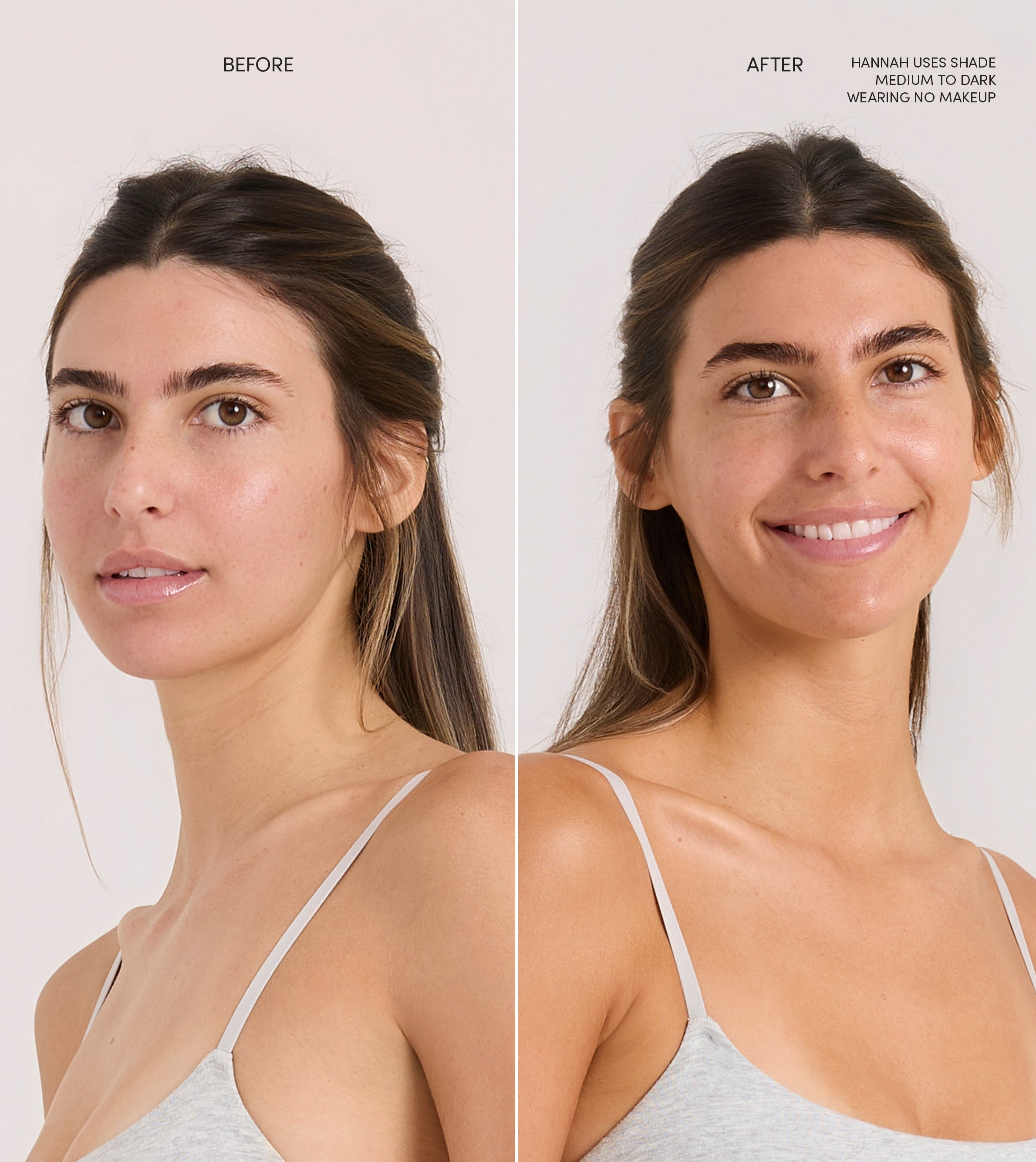 See how Tanning Water transforms skin: on the left, visible redness and uneven tone; on the right, a sun-kissed glow, smoother skin, and a radiant smile—all thanks to Tanning Water.