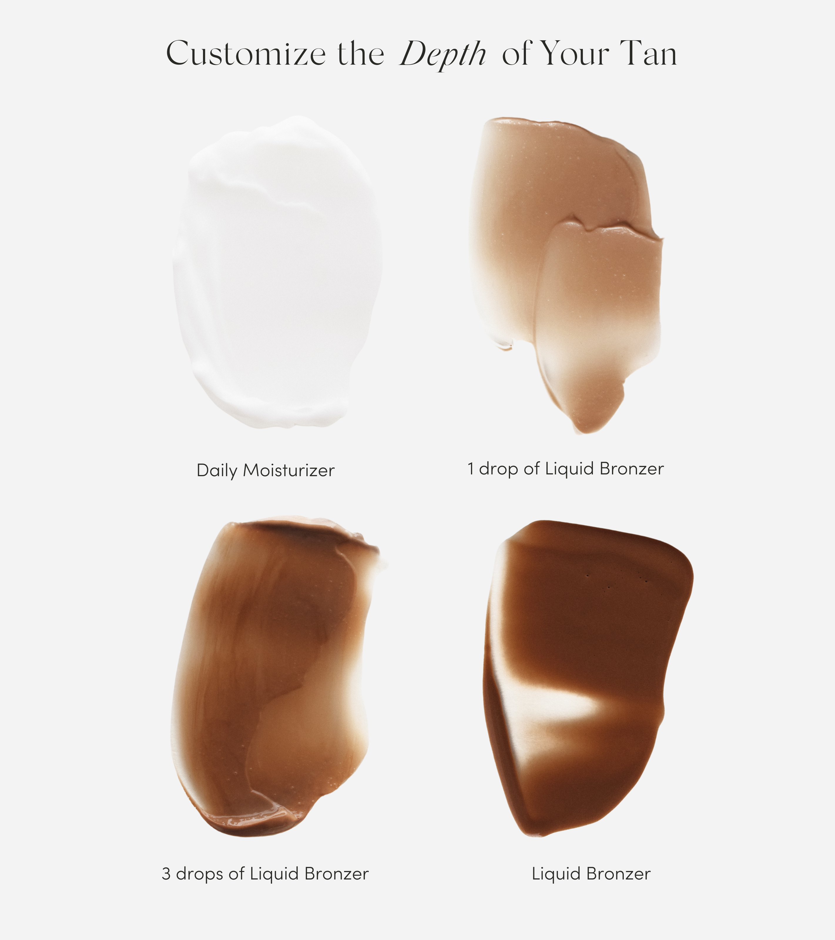 Create your summer look with the Hydrate & Bronze Set: start with daily moisturizer, add 1 drop of Liquid Bronzer for a light tan, 3 drops for medium tan, or use pure bronzer for a deep sun-kissed finish.