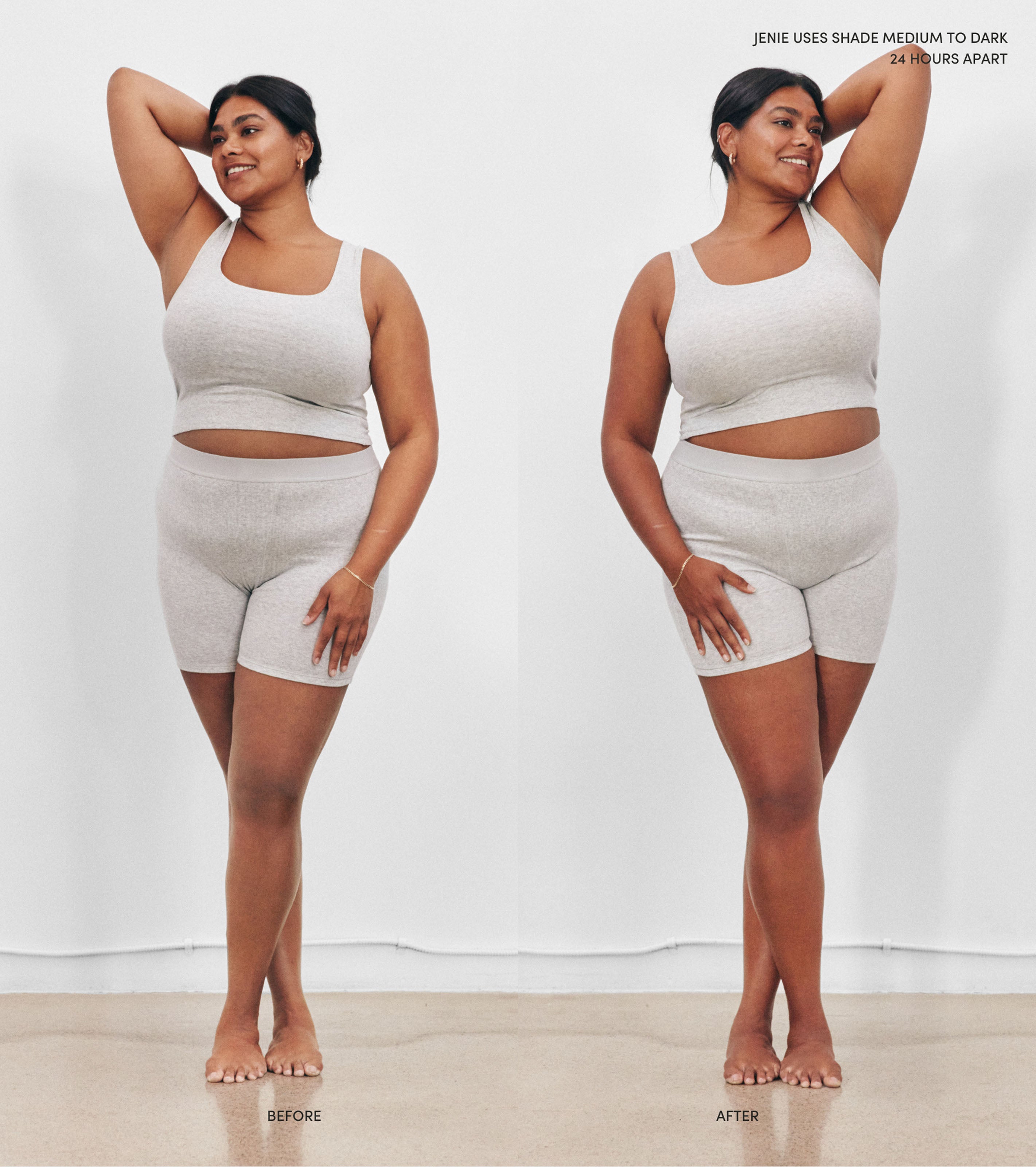 Side by side comparison of a model before using Saltyface Tanning Water and Foam after 24 hours with a more tanned complexion.