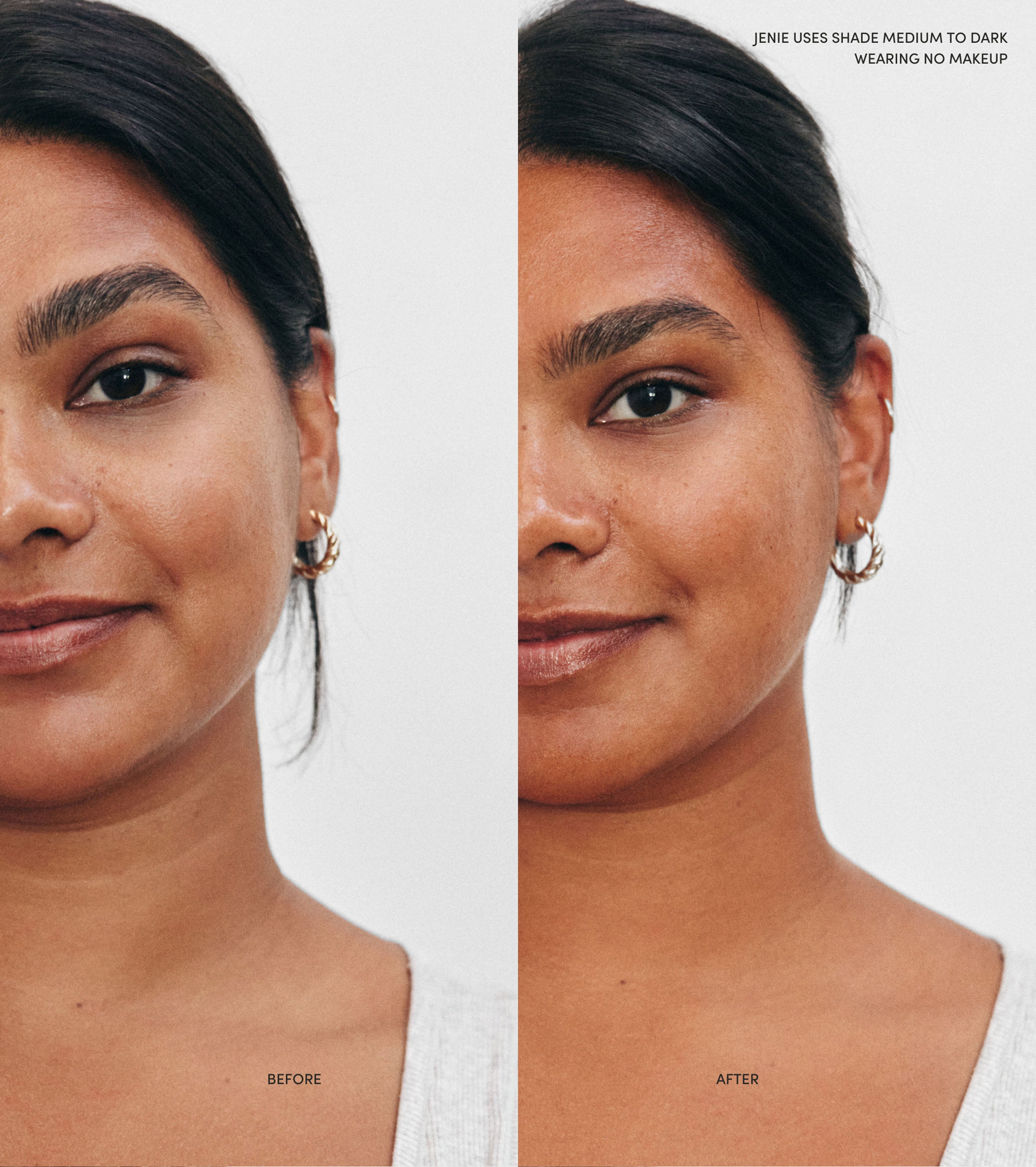 Side by side comparison of a model before using Saltyface Tanning Water and after with a more tanned complexion. 