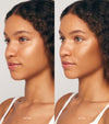 Side-by-side comparison of a young woman with curly hair, showing her face before (left) and after (right) using Liquid Bronzer v2. Both photos have similar lighting and angles, highlighting a natural, sun-kissed glow after application.