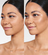 Side-by-side photos show a woman with dark hair pulled back and a natural expression, displaying smoother skin texture and improved radiance—achieved by precise face application with Brush No. 3’s double-ended design.
