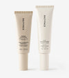 Two tubes of The Moisturizer Duo stand upright on a white background: the left, Tanning Moisturizer, offers a sun-kissed glow, while the right, Daily Moisturizer, hydrates skin, both with a clean, minimalist design.