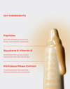 A close-up of Facile – Champagne Lip Jelly Tint, a beige tube with shimmery golden balm, next to text highlighting peptides, squalane & vitamin E, and portulaca pilosa extract for hydration, smoothness, and plumping benefits.