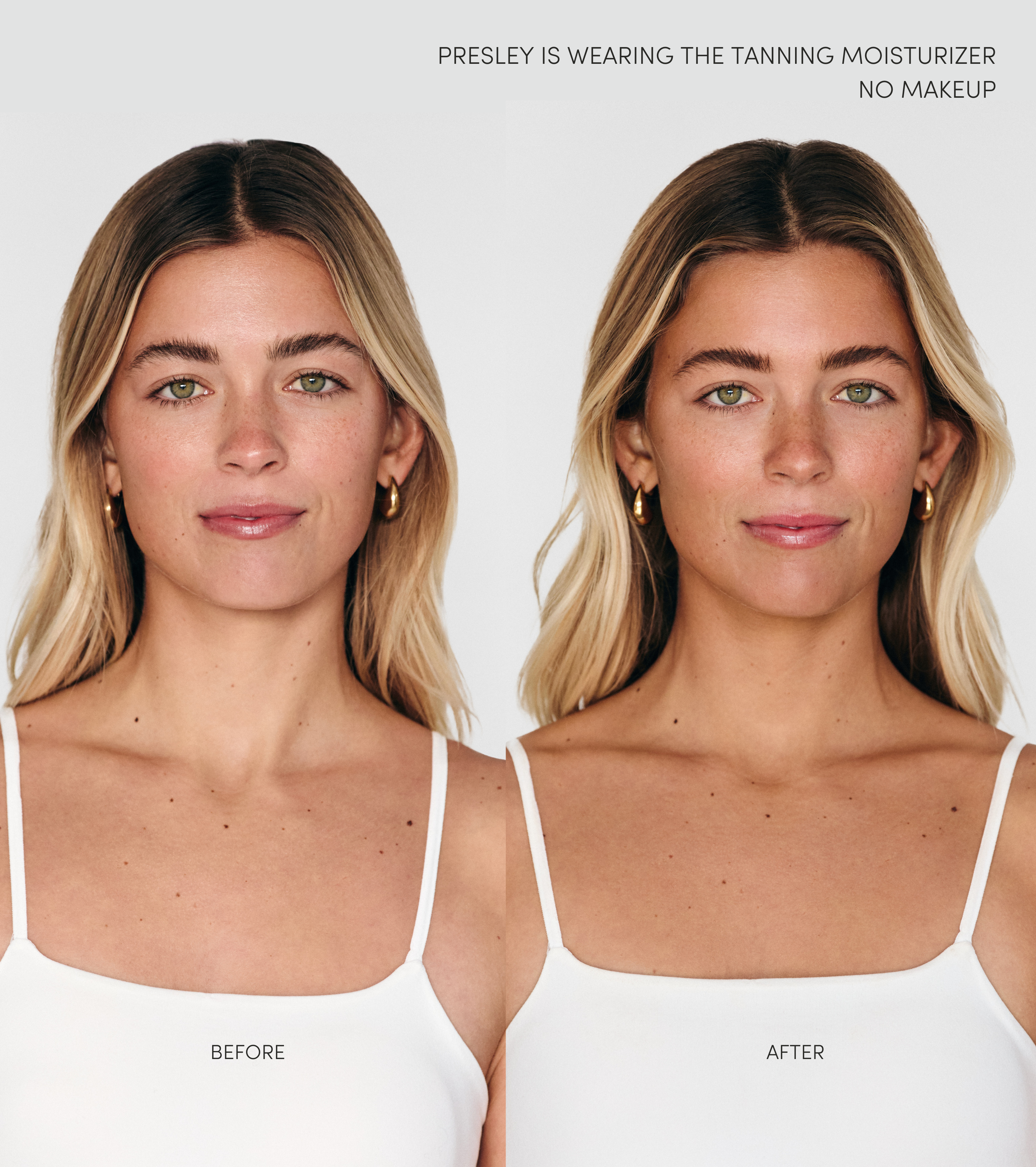A woman appears side-by-side before and after using Tanning Moisturizer: on the left, her skin is lighter; on the right, her skin looks visibly tanner. She wears a white top and gold earrings in both images, showing off her skincare-first tanning routine.