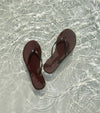 Aqua Flip Flops in dark brown float in clear, shallow water as sunlight creates gentle ripples and shimmering reflections on the sandy bottom.