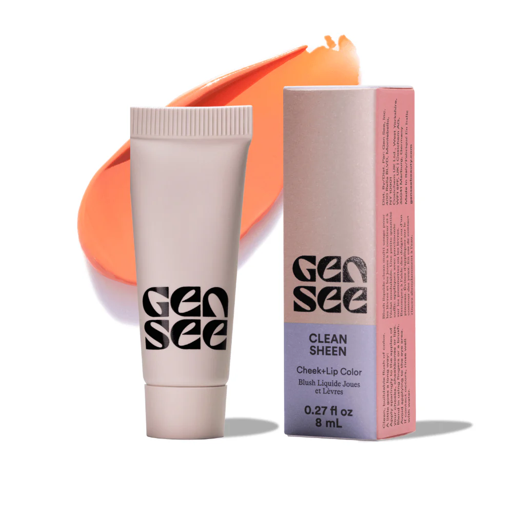 A tube of Gen See – Clean Sheen stands beside its box, featuring bold black lettering on pastel packaging and a coral-toned smear of the product shown in the background.