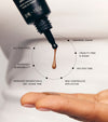 A close-up shows a hand with a drop of Liquid Bronzer v2 falling from the tube. Text highlights niacinamide, universal shade, cruelty-free & vegan, 50% PCR tube, new applicator, and improved blendability for all skin types.