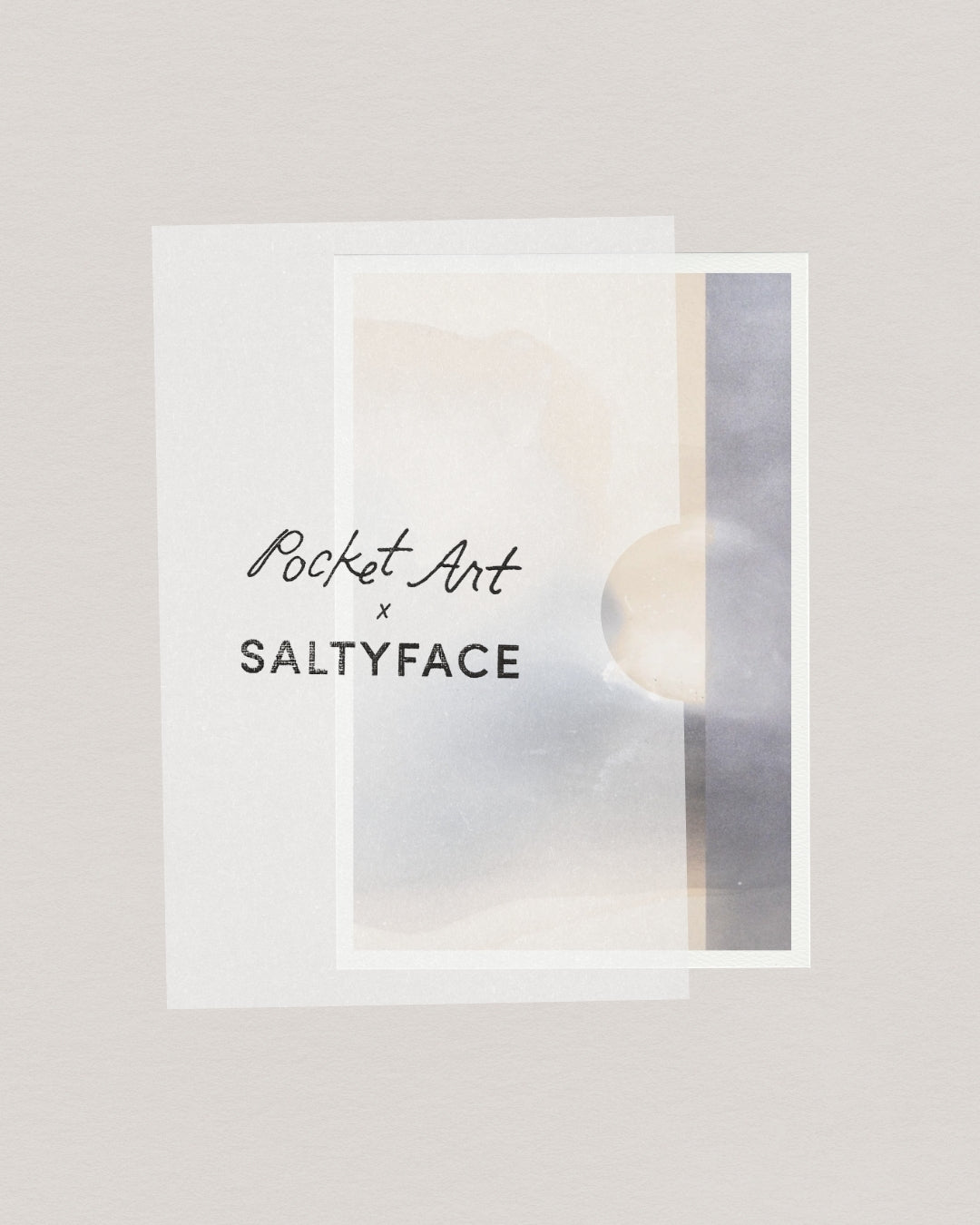 Minimalist graphic featuring the Pocket Art product name in hand-written and bold fonts, centered over abstract beige and gray watercolor shapes. A pale overlay frames the image.
