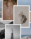 Digital Wallpaper: A collage with ocean views, a close-up seashell, a woman at the beach holding a surfboard, and a person lying on sand with seashells arranged on their back.
